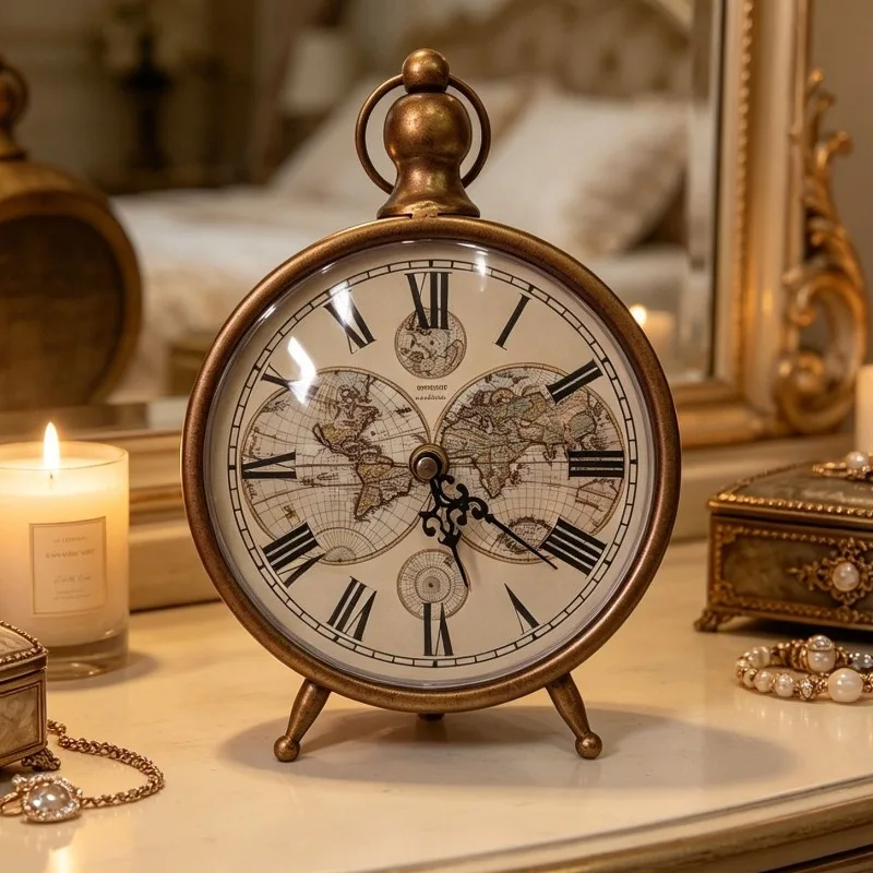 Vintage Style Table Clock Copper Metal Desk Timer Silent Quartz Counter Clock Living Room Desktop Decor Household Craft Ornament