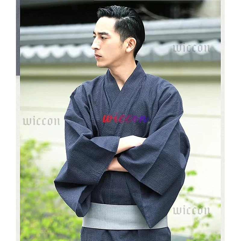 

COSda@Traditional Japanese KIMONO Costume Fashion YUKATA Summer Men Long Robes With Belt Pajamas Set Male Sleepwear BathrobeCOS