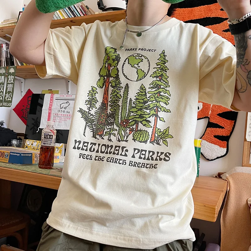 ゆったりとした半袖コットンTシャツ,サマーパークプロジェクト,植物プリント,レトロなスタイル,90年代のグラフィック,2021