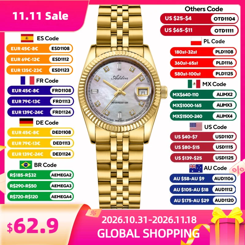 ADDIES Top Brand Woman Watch Luxury Sapphire Crystal Women Wristwatch Business 5Bar Waterproof Sport Fashion Ladies Steel Watch