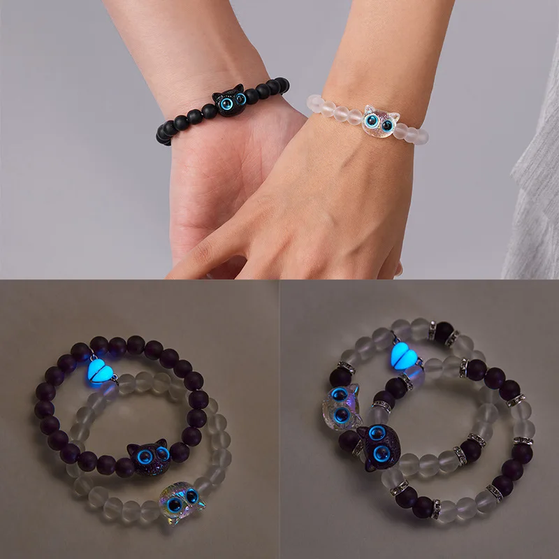 Cute Big Eye Cat Bracelets Beaded Glow In The Dark Heart Magnet Couple Bracelet Valentine's Day Jewelry Gift For Couples