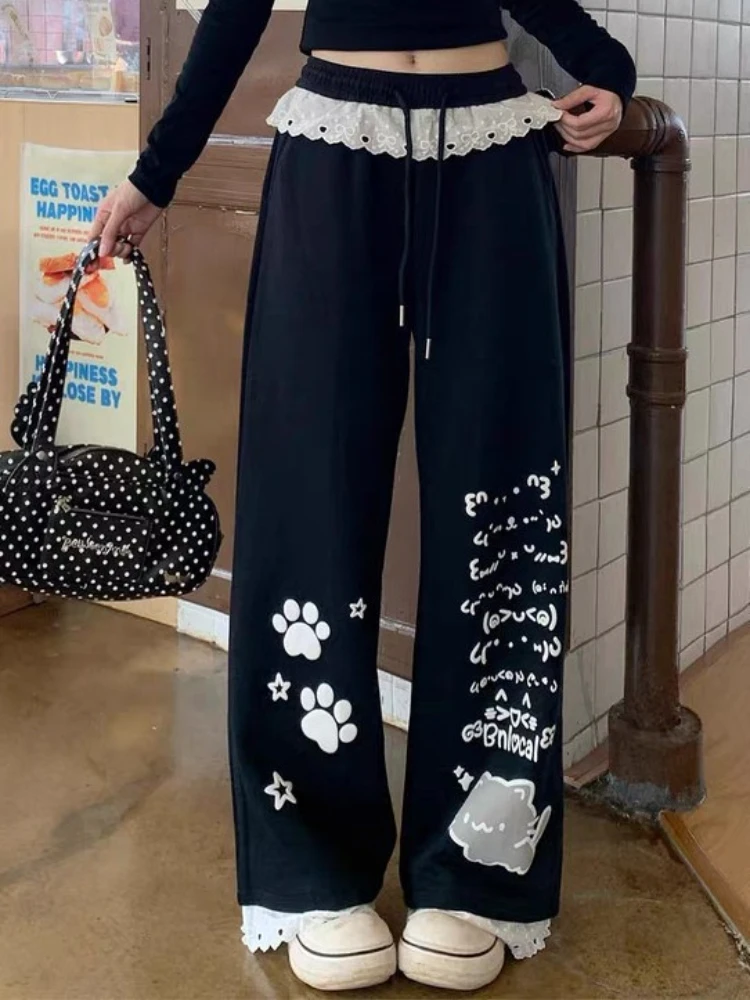 Japanese Black Casual Streetwear Women Pants Cat Paw Star Cute Emoticon Prints Lace-Trimmed Y2K Street Style Trendy Harajuku