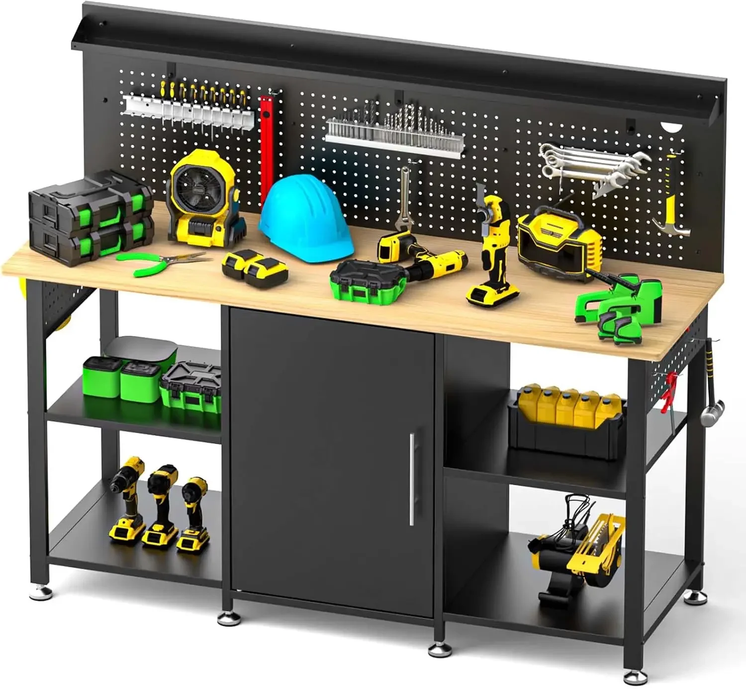 Heavy Duty Workbench with Pegboard and Storage Cabinet, Wooden Top Garage Work Table with Power Outlet and Tool Holders, Steel F