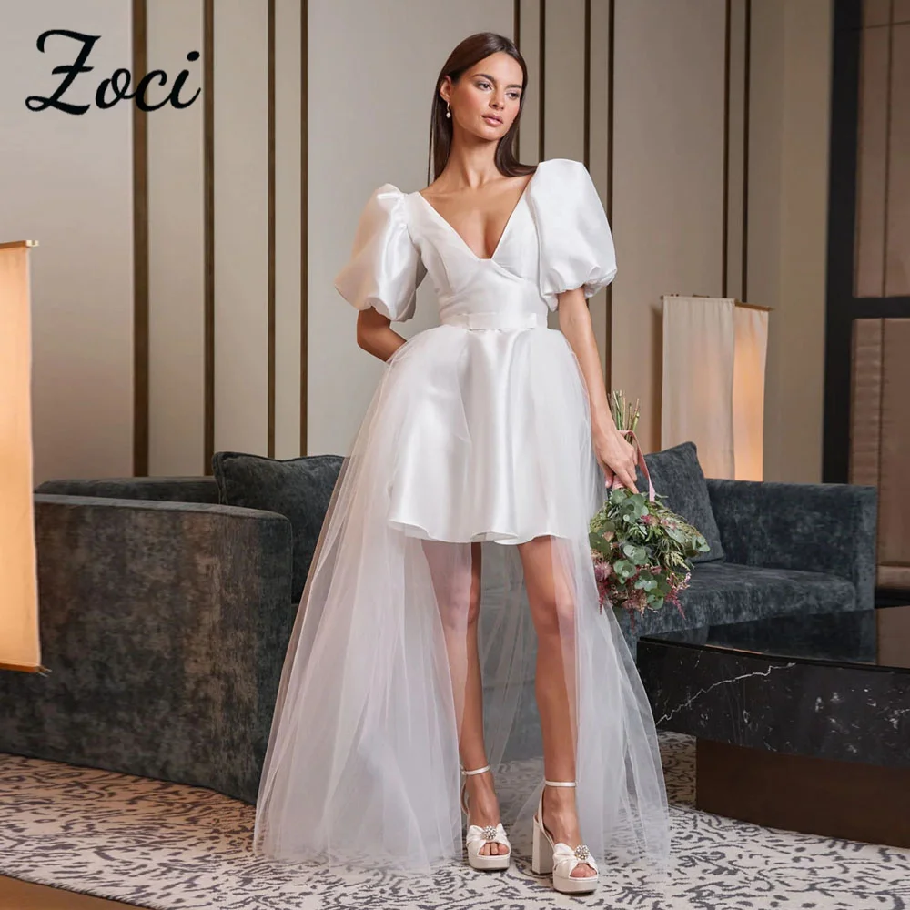 Zoci Sexy Deep V Neck Wedding Dresses Satin A Line Short Bride Dress Tulle Train Customized Puff Sleeves Open Back Bridal Gown