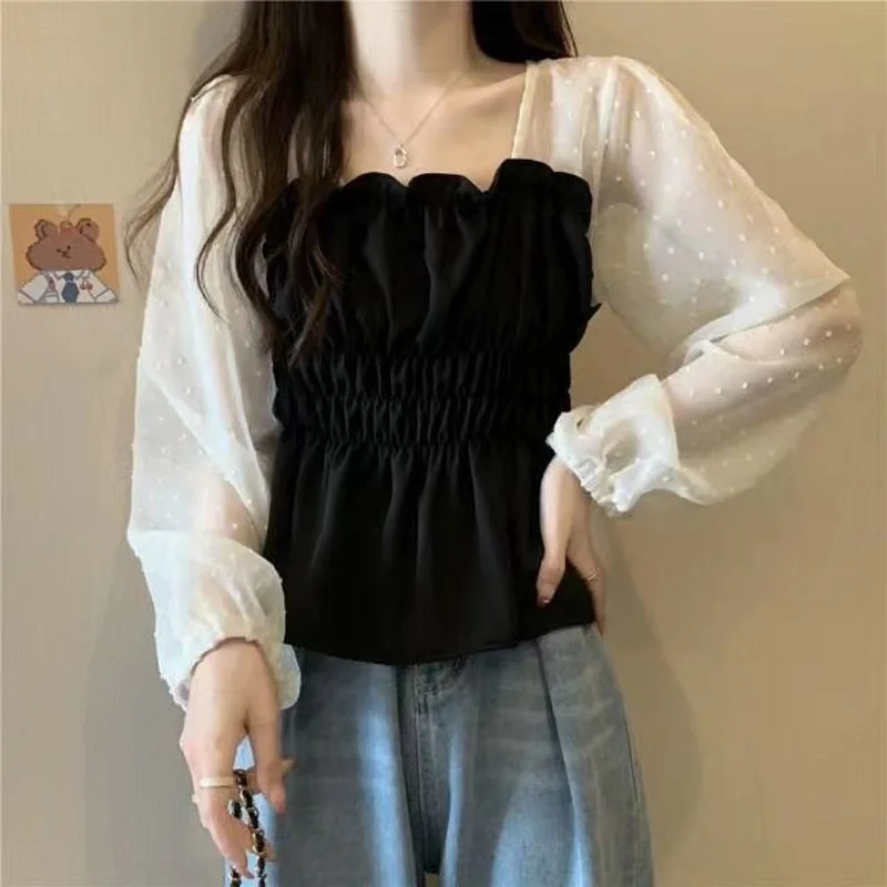 Classic Color Matching Fashion Net Penetration Ruffles Blouse Women New Long Sleeve Slash Neck Slim Korean All--match Lady Shirt