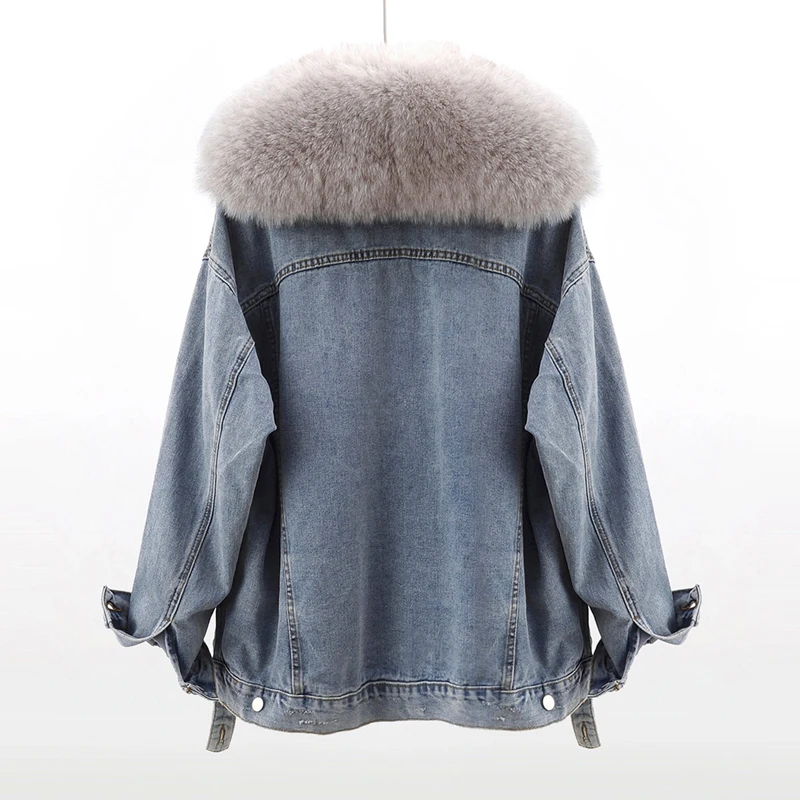 Winter Mid Long Real Fox Fur Collar Rabbit Fur Liner Denim Jacket Women Loose Cowboy Outerwear Thick Warm Jeans Jacket Female