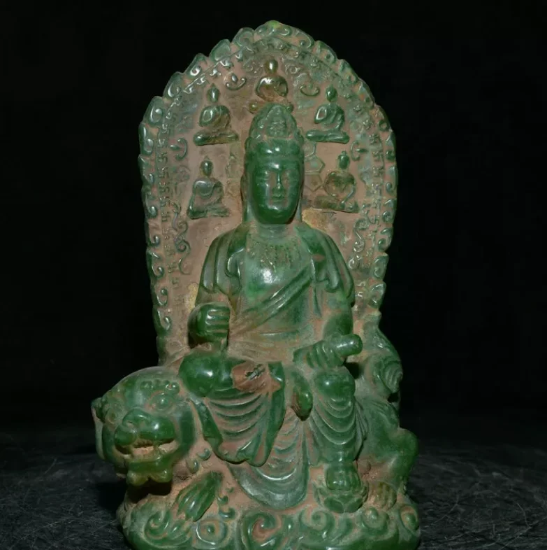 7'' Old Chinese Green Jade Carving Ride Lion Puxian Buddha Statue Sculpture