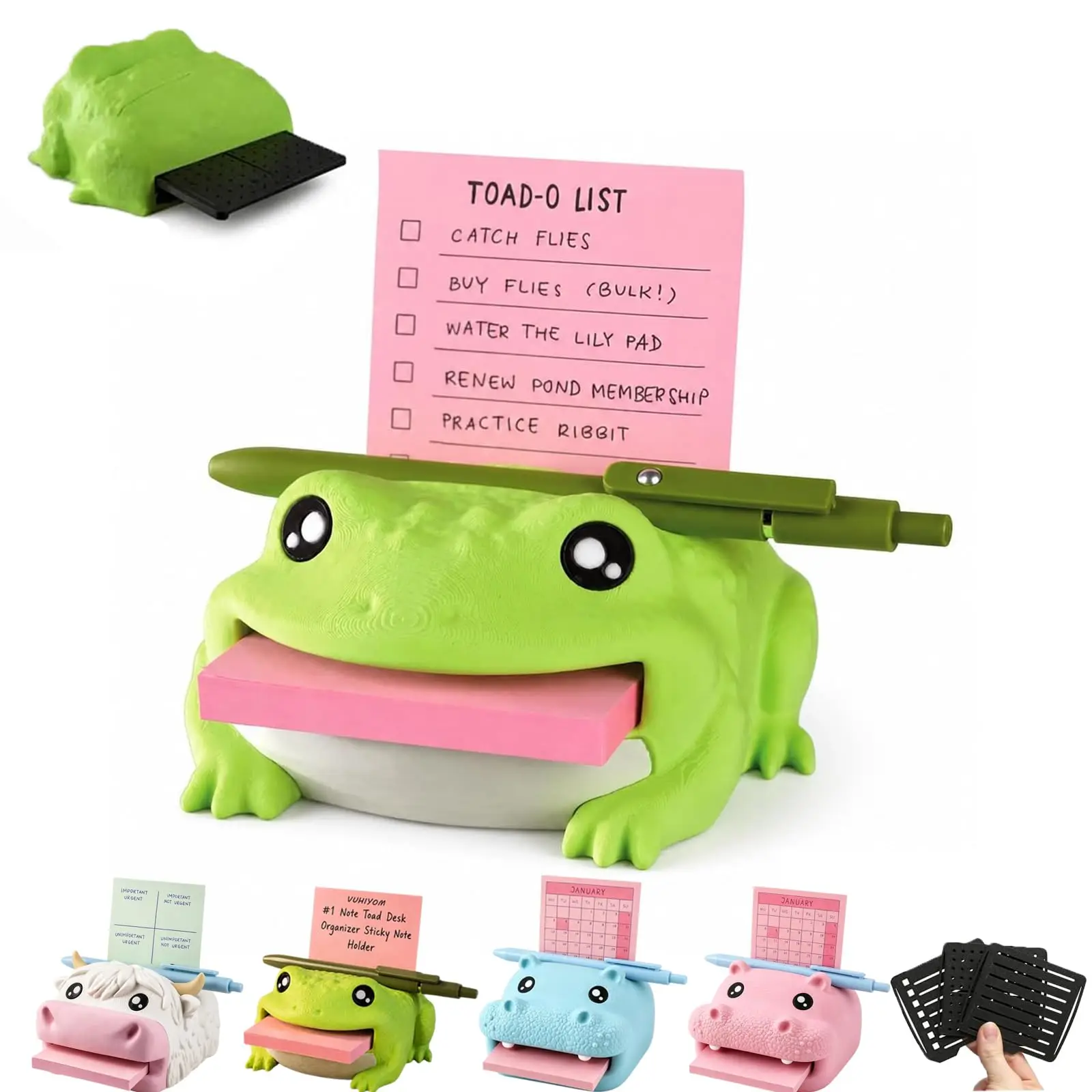 Note Toad Desk Organizer, Frog Sticky Note Holder with 3 Writing Guides 3D Printed Frog Stationery Holder with Pen Rest Stencils