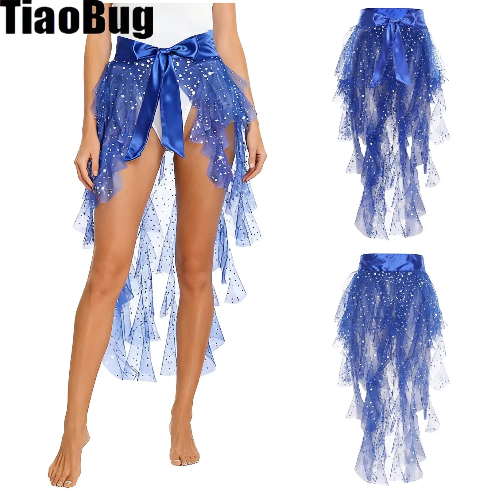 

Womens Belly Dance Skirts Scarf Ruffles Sequined Tulle Tiered Split Hem Satin Belt Waist Skirt Chacha Latin Tango Dance Costume