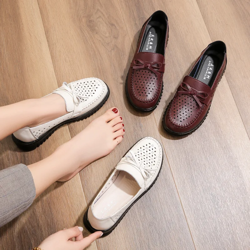 Women Hollow Shoes Hole Breathable Genuine Leather Soft Sole Comfortable Anti-stid Womans Shoes Ladies Leather Shoes