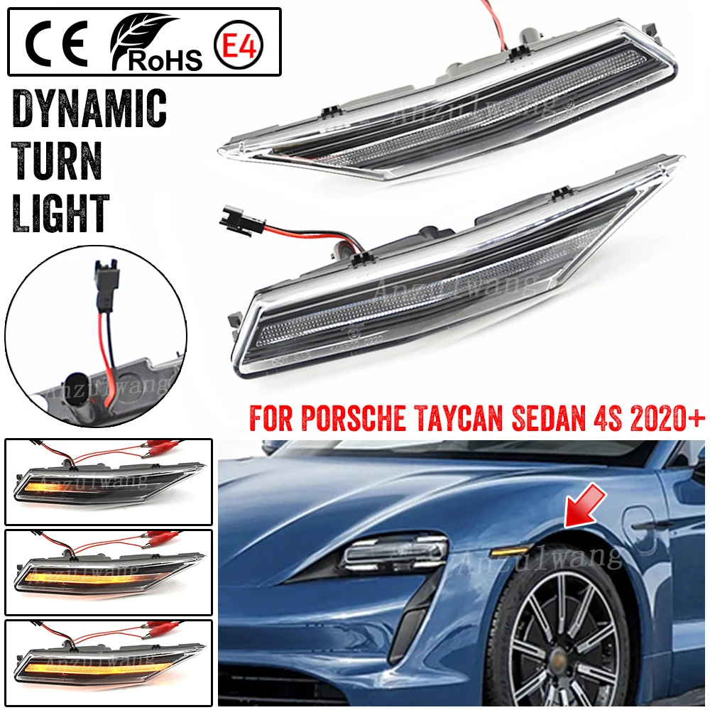 LED Dynamic Front Side Marker Light Turn Signal Lamp For 2020 2021 2022+ Porsche Taycan Sedan Amber Replace OEM 9J1953041F