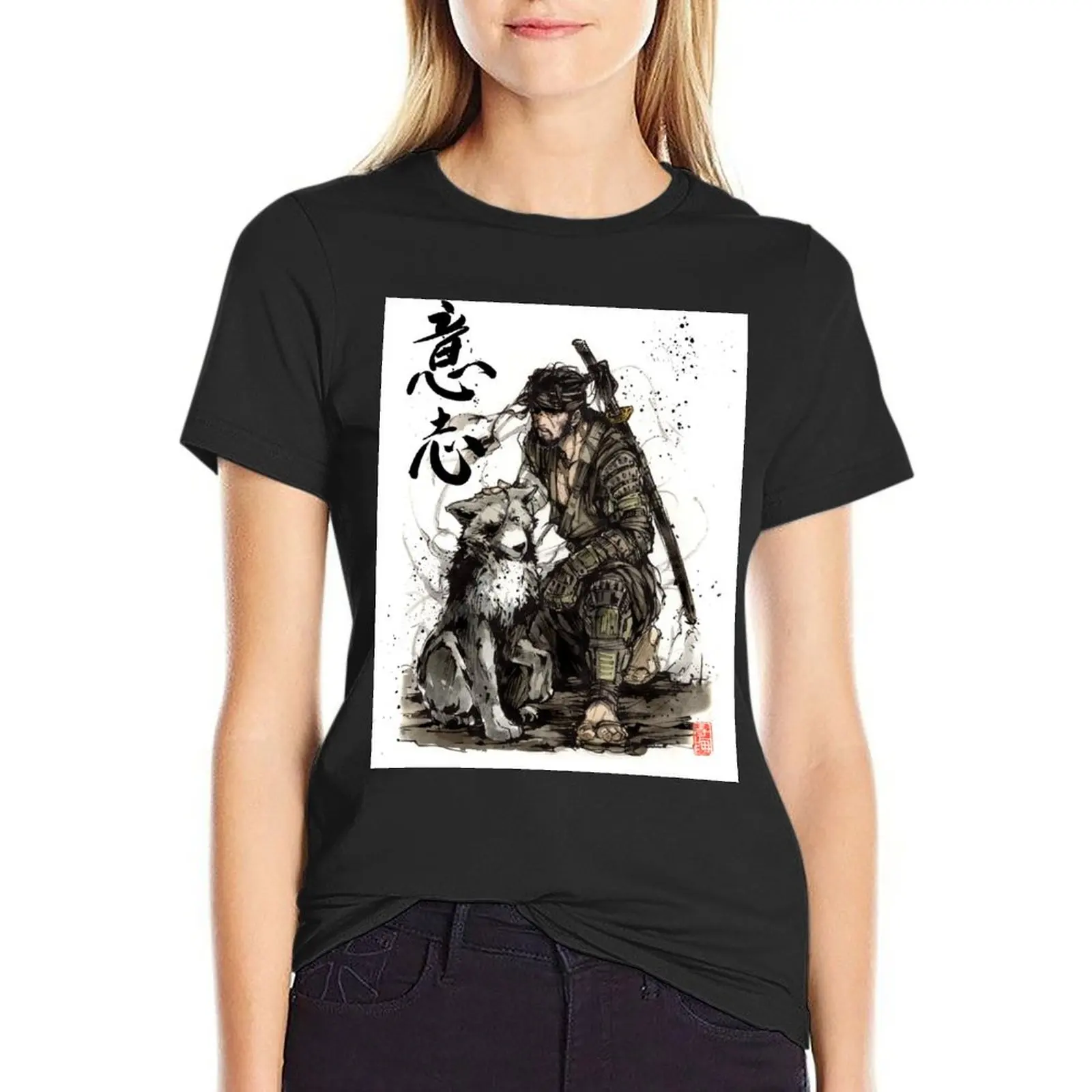 Samurai Ronin with his Wolf with Japanese Calligraphy T-Shirt shirts graphic tees t-shirts for Women cotton