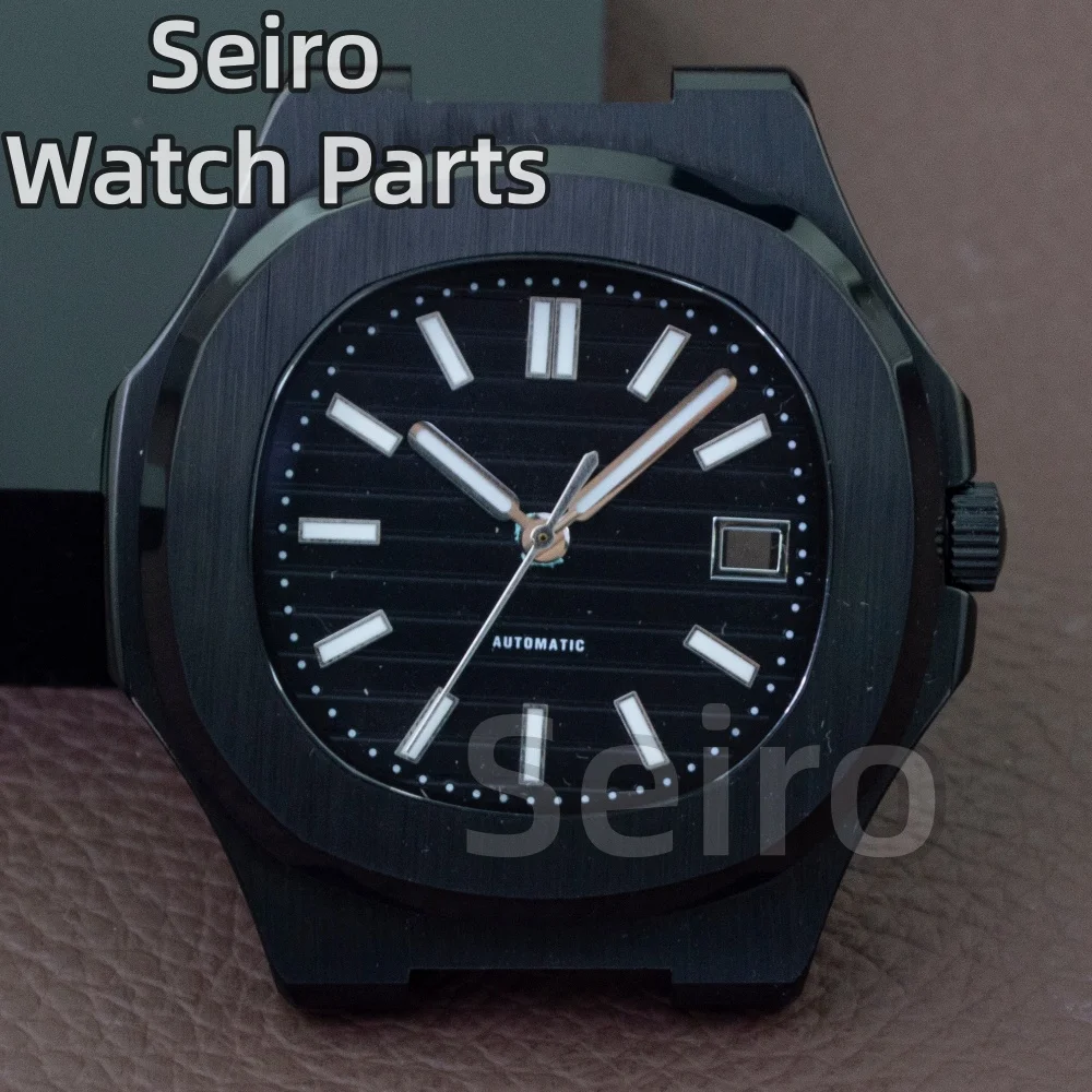 Caixa de Relógio Preta Escovada de 41mm com Pulseira de Aço para Movimento Automático NH35 NH36 NH38 Modificado, Caixa com Fundo de Vidro de 30.5mm