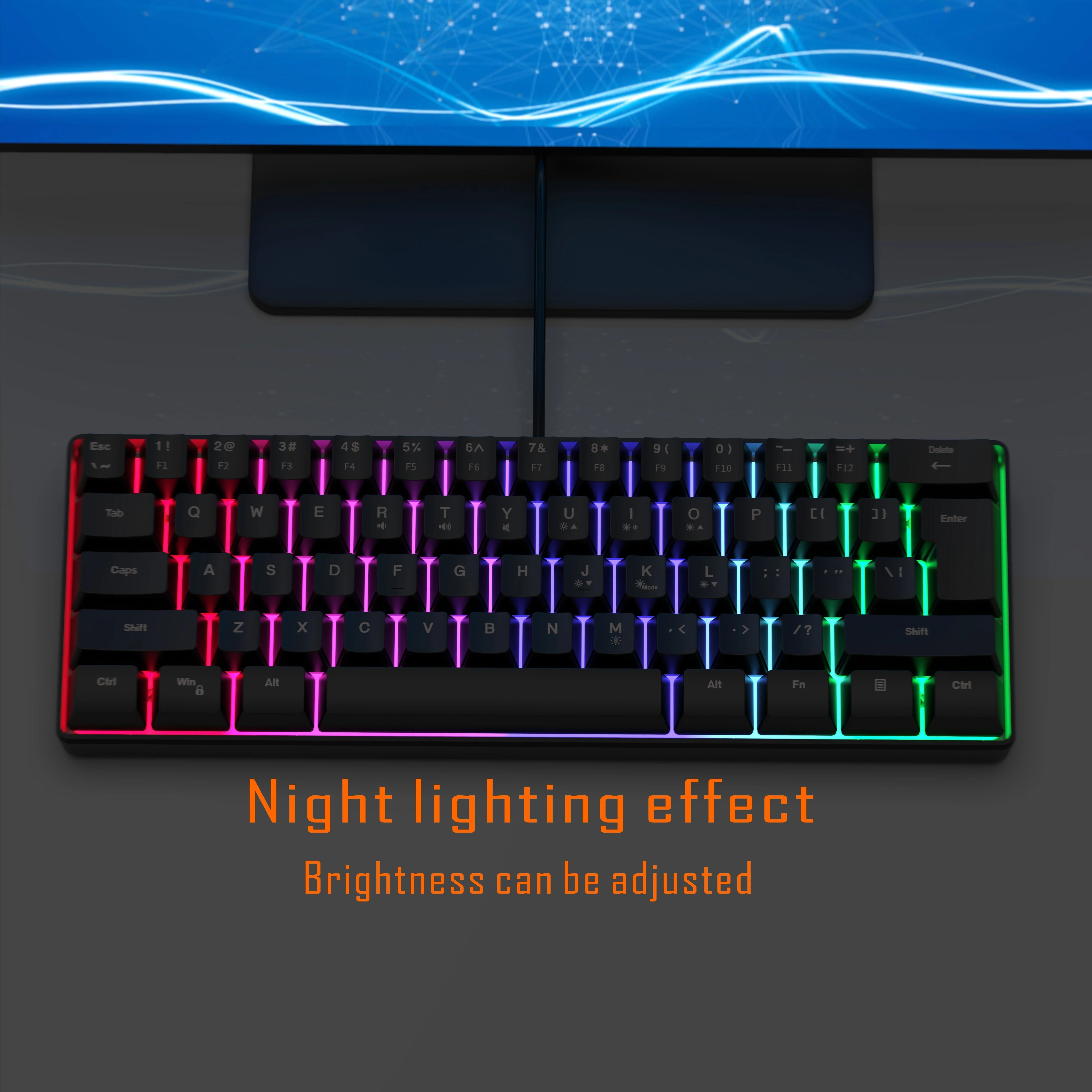 Black RGB Colorful Luminous Gaming Keyboard, Mini 60% Scale 61 Keys Translucent USB Keyboard, Portable Ergonomic High Low Key De