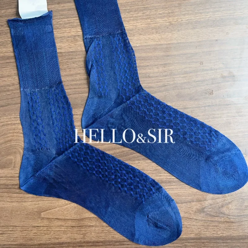 

Men Thin Dress Tube Socks Wave Stripe Breathable Transparent Dark Blue Mid Tube Business Stockings Mid-calf Sheer Nylon Socks