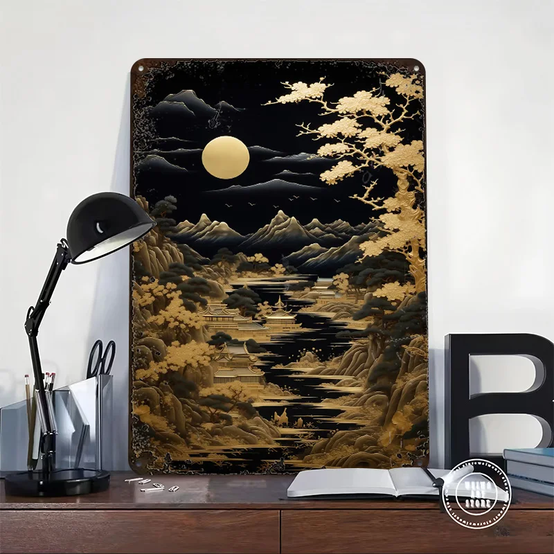 Golden Asian Landscape Under the Moon Personalized 3D Textured Metal Poster Wall Art Tinplate Sign for Vintage Retro Decoration