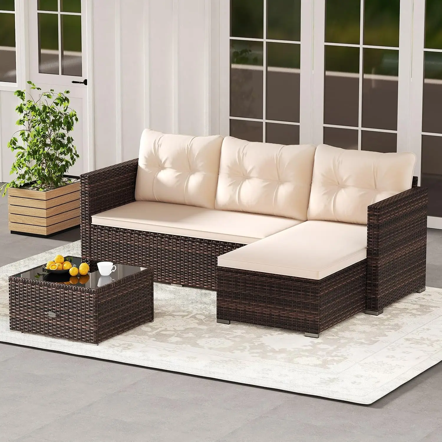 PE Rattan L-Shaped Sectional Sofa w/Cushions & Glass Coffee Table, Outdoor Patio Furniture for Backyard Garden Porch, Customized