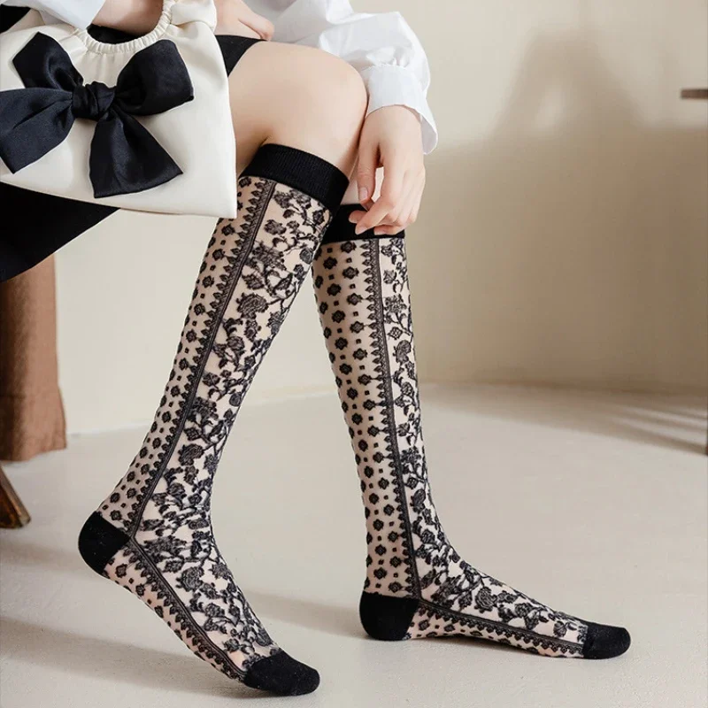 Crystal Silk Socks Stockings Women Summer Ultra-thin Transparent Nylon Long Socks Lingerie Sexy Lace Floral Knee Socks Stockings