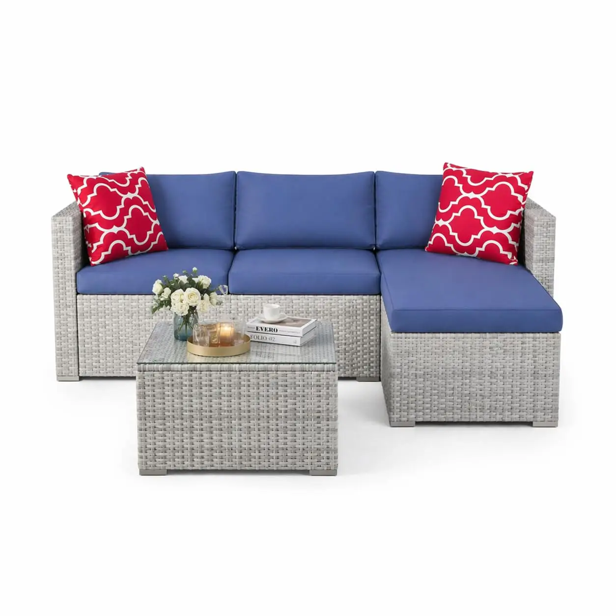 5-Piece Patio Furniture Set, All-Weather Wicker Outdoor Furniture With Glass Coffee Table Anti-Slip Cushions, Perfect For Garden, Porch, Or Balcony – Gray&blue