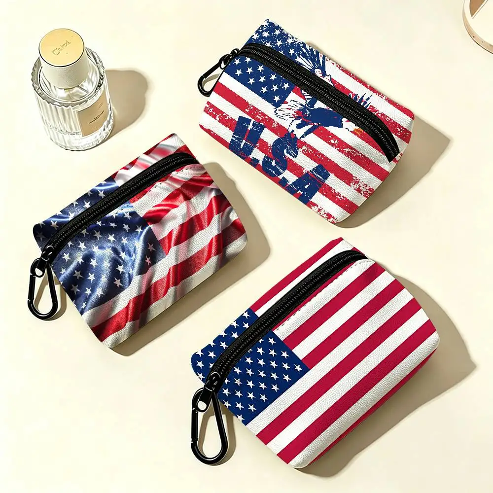 Popular Symbol American Flag Mini Oxford Cloth Coin Purse With Carabiner Hook Portable Key Card Wallet Small Storage Pouch