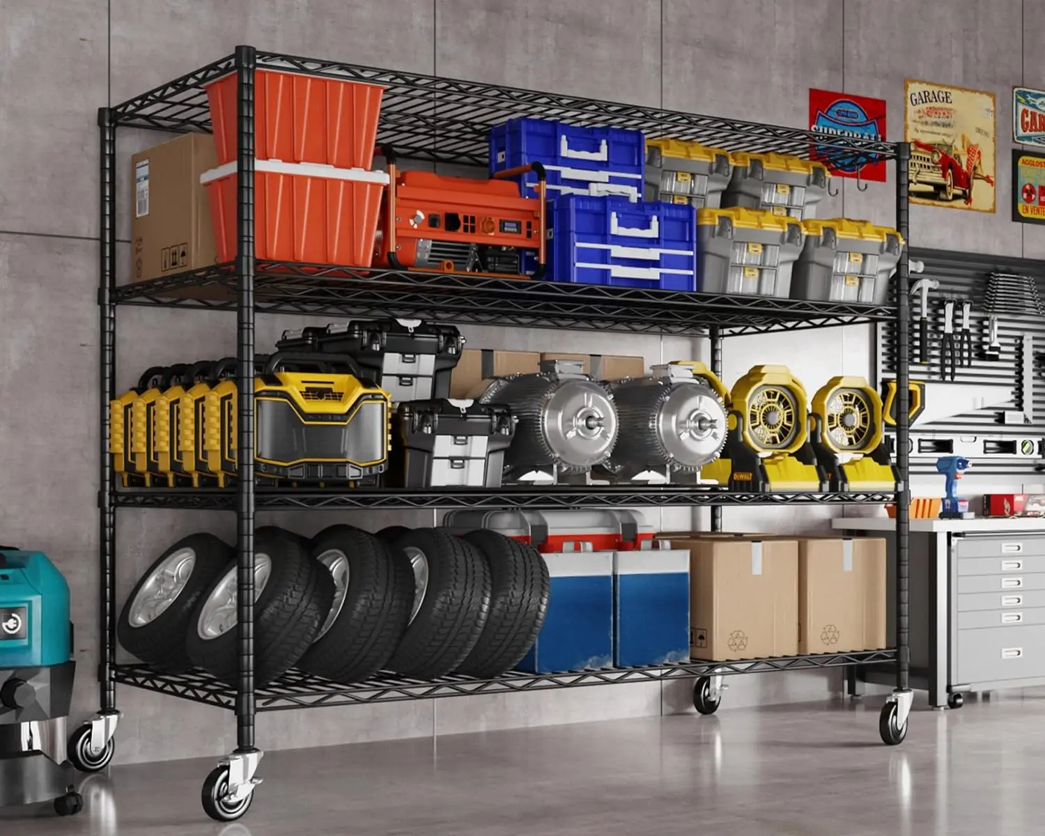 Heavy Duty Wire Garage Shelving with Wheels 2400 LBS Metal Storage Shelf 4 Tier Rack for Basement Warehouse, Customized