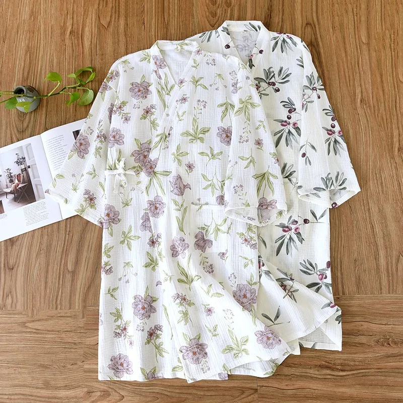 

Summer Pure Cotton Gauze Nightdress Women V-neck Floral Printed Nightgown Japanese Cotton Kimono Thin Bathrobe Pajamas Nightwear