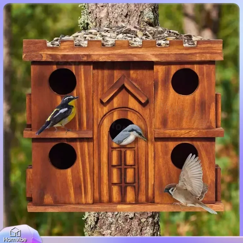 for Multi-hole Design Solid Wood Bird House Outdoor Rainproof Hanging Bird Feeder Garden Landscaping Decoration Bird Nest