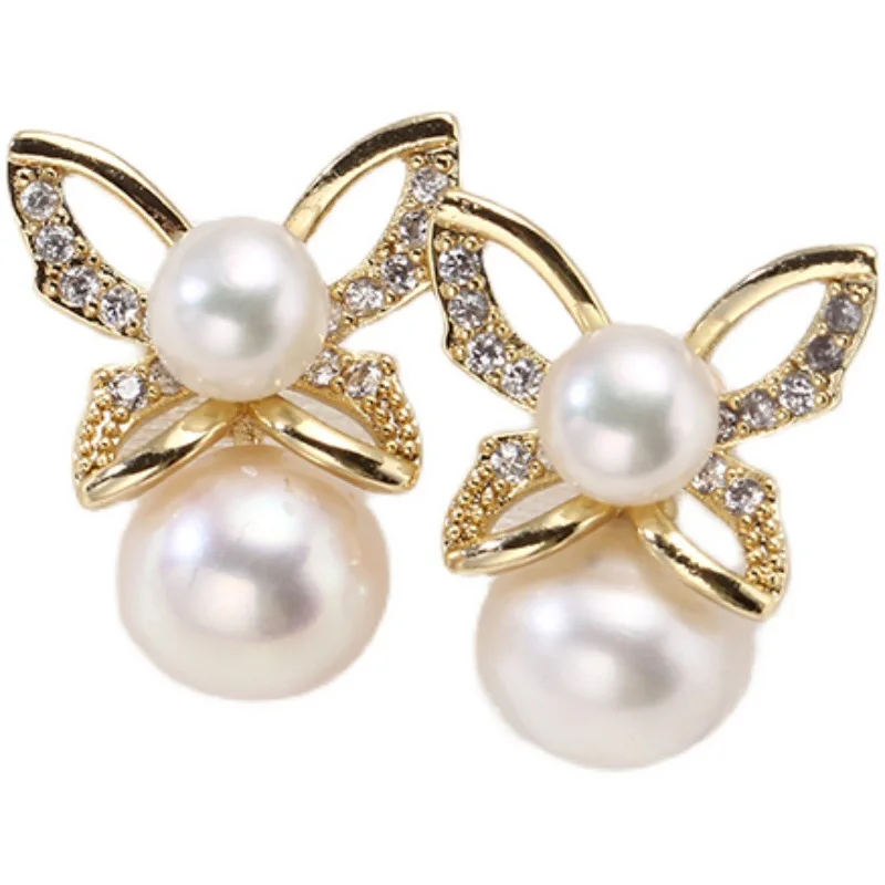 4PCS E195 Gold Plated Copper Butterfly S925 Silver Needle Pearl Stud Earrings Findings Jewelry Making DIY Jewelry Accessories