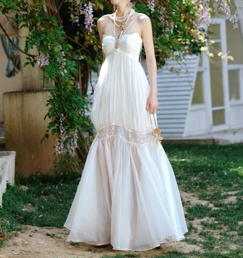 화이트 엘레강트 드레스 여성 백리스 슬리브리스 스트랩 스파게티 맥시 베스티도스 바디콘 스트리트웨어 빈티지 파티 의류 여성용