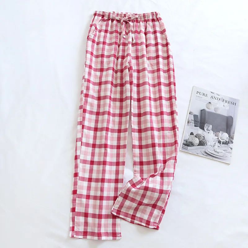 Couple Pajama Pants Women Cotton Gauze Trousers Thin Plaid Sleep Bottoms Elastic Waist Men Loose Night Pijamas Lounge Wear 2022