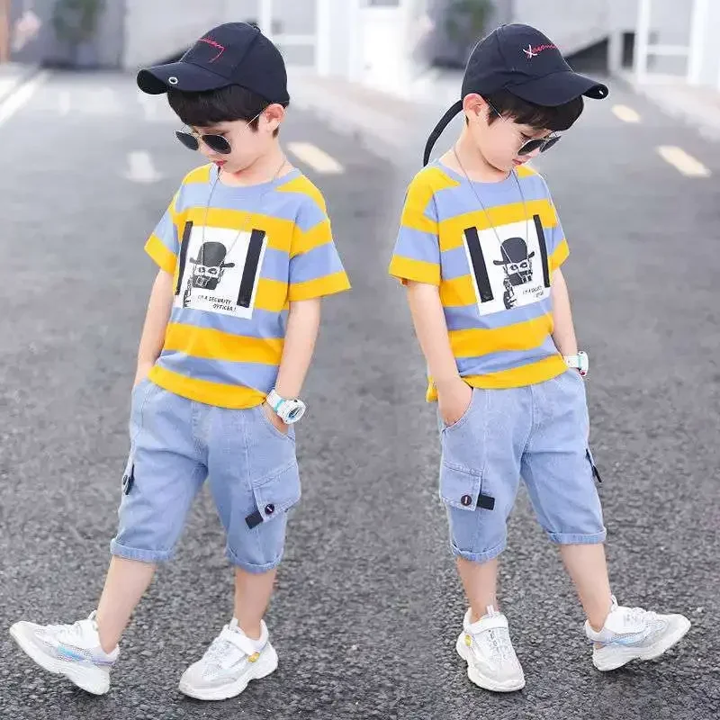 Summer Boys Clothing 2024 Kids Clothes Stripe Cotton T-shirt+Jeans Pant Boy Sets Infant Newborn Clothing 3 4 5 6 7 8 10 12 Years