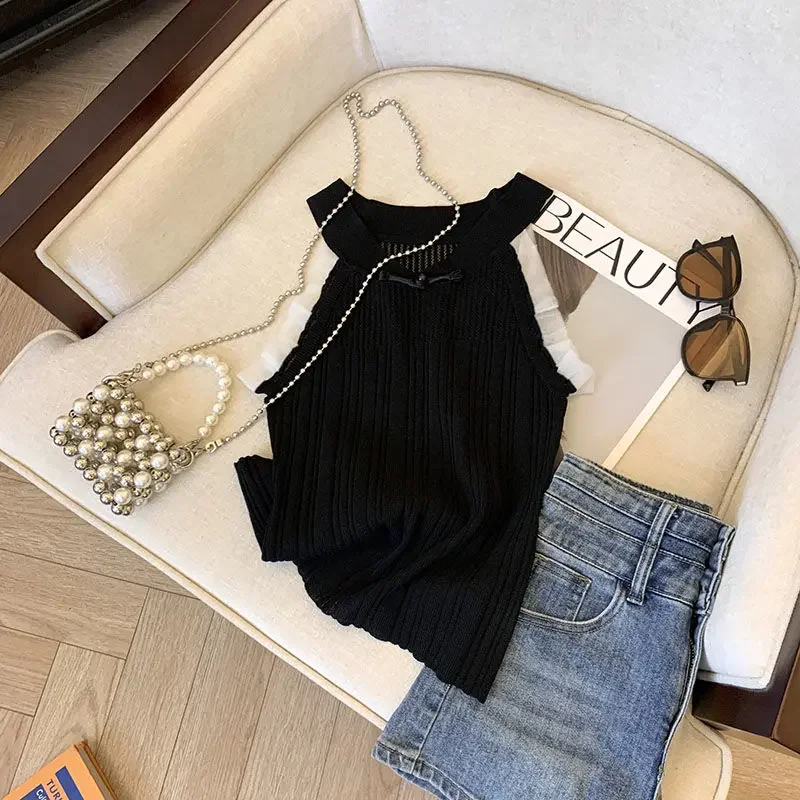 Pure Lust New Chinese Lace Stitched Knitted Camisole Women's Summer Unique Chic Slim Cropped Top