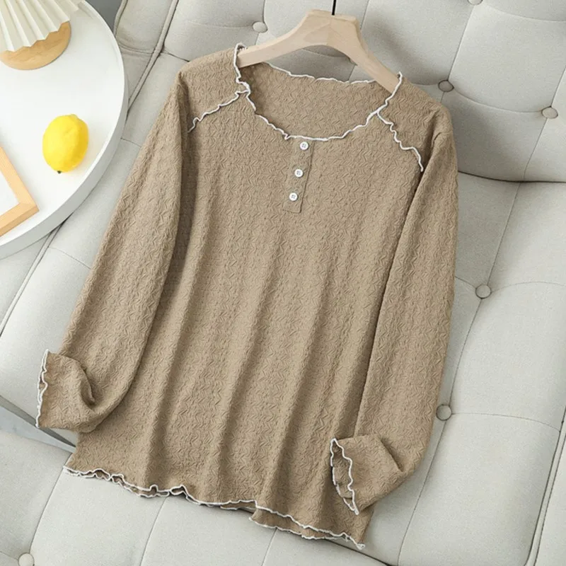 

2023 Autumn Women Clothes Plus Size T-Shirt Casual Long Sleeve Basic Tee Translucent Hollow Out Jacquard Curve Tops K71 840