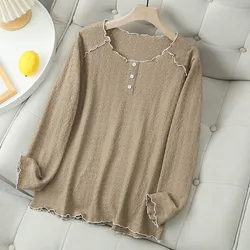 2023 Autumn Women Clothes Plus Size T-Shirt Casual Long Sleeve Basic Tee Translucent Hollow Out Jacquard Curve Tops K71 840