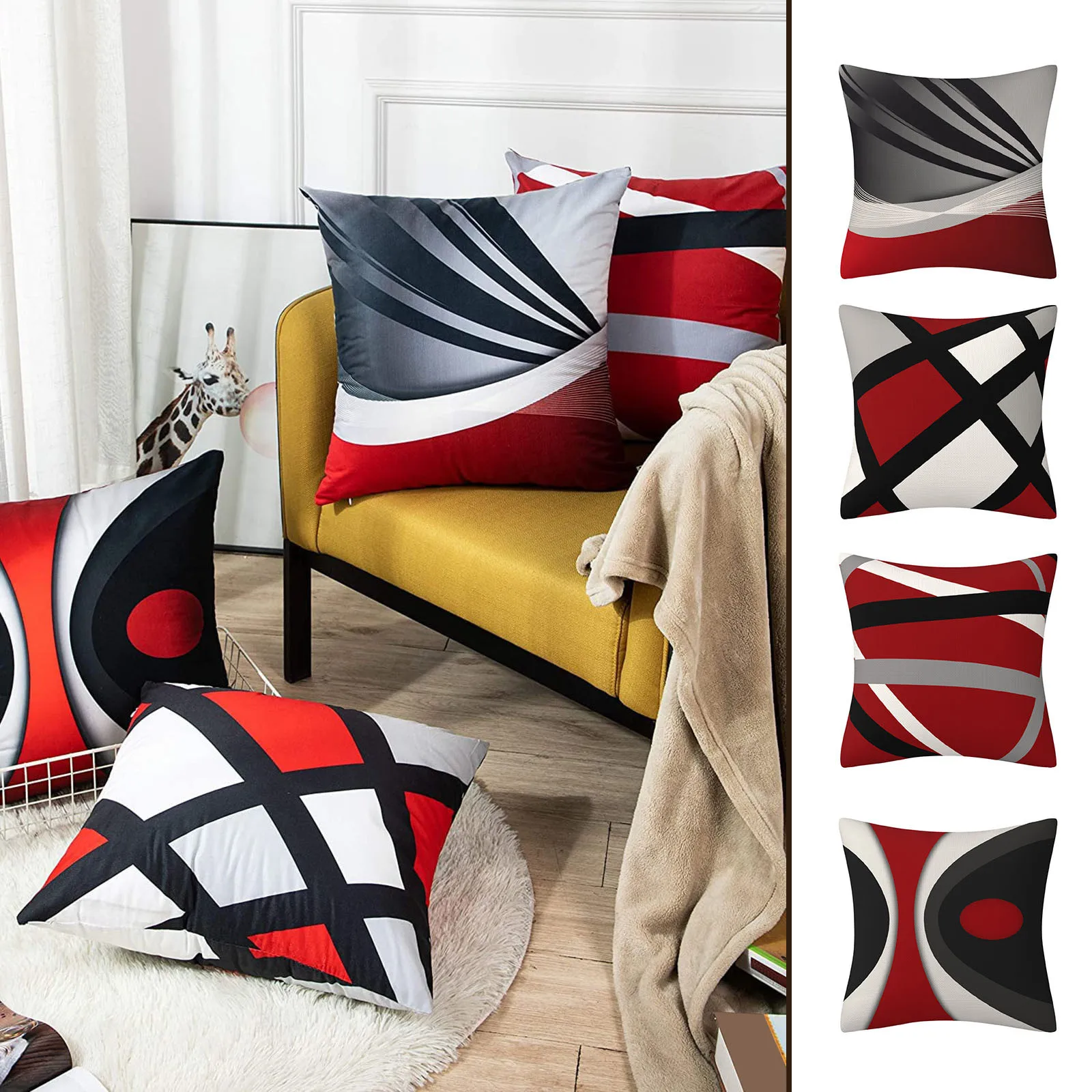 Modern Red Black Color Abstract Geometric Cushion Cover Home Decor Pillow Cover Sofa Throw Pillow Cover 45x45cm