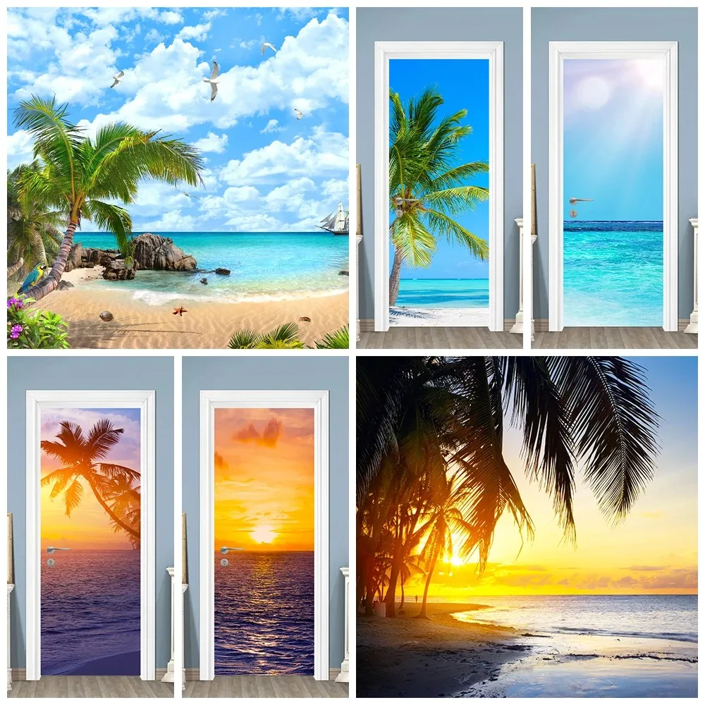 3D Tropical Beach Door Sticker Palm Tree Seaside Sunset Ocean Underwater Landscape Removable Self Adhesive Wallpaper Home Decor