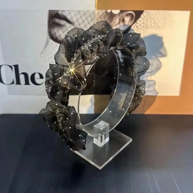 أربطة شعر شبكية سوداء فاخرة للفتيات والنساء - عصابة رأس أنيقة بحافة قابلة للتوسيع من حجر الراين