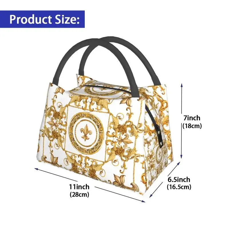 Golden Lion And Damask Ornament Thermal Insulated Lunch Bags Women Baroque Portable Lunch Container Storage Meal Food Box