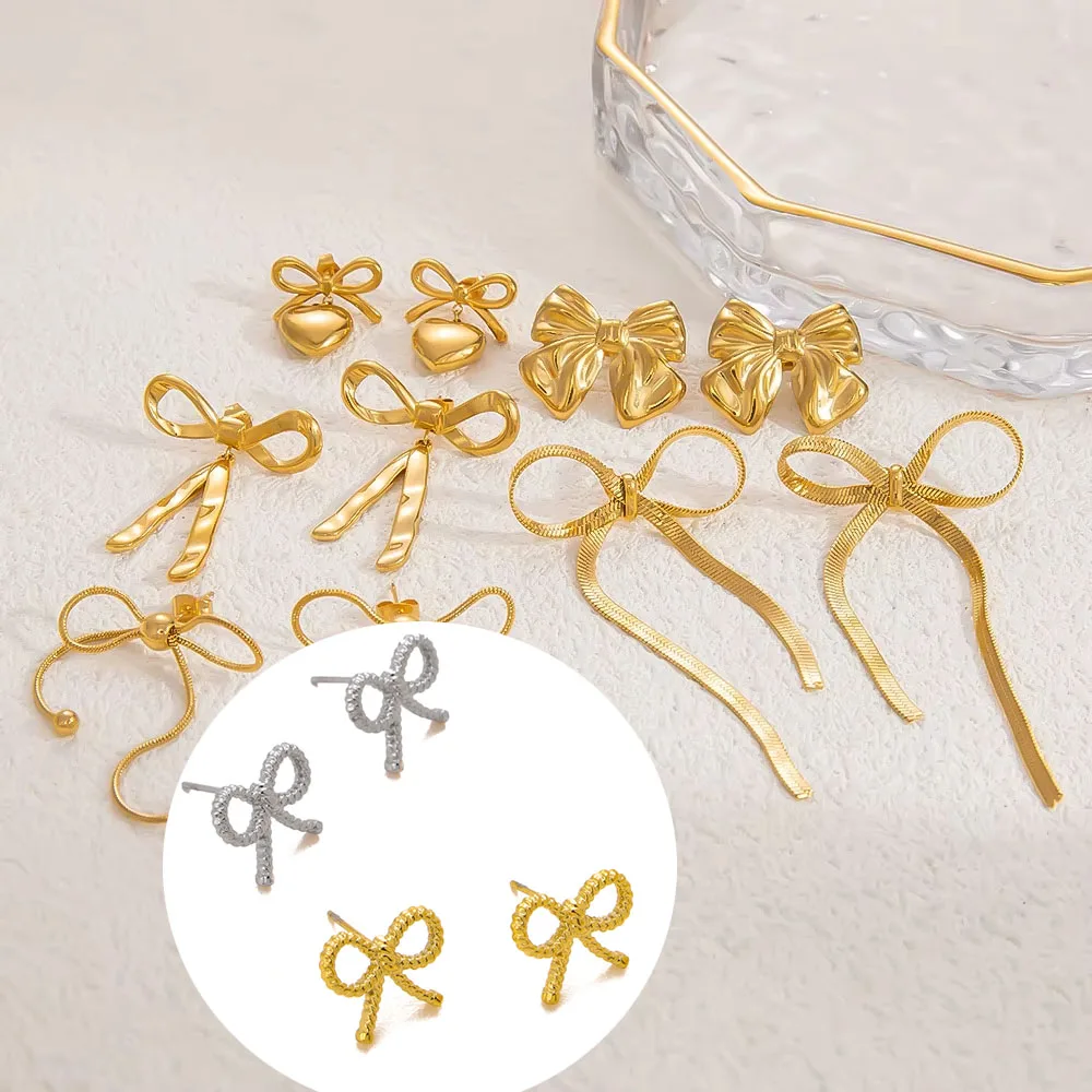 

Dainty Gold Plated Bow Knot Earrings Necklace Ring High Quality Stainless Steel Bow Snake Chain Design Jewelry for Women