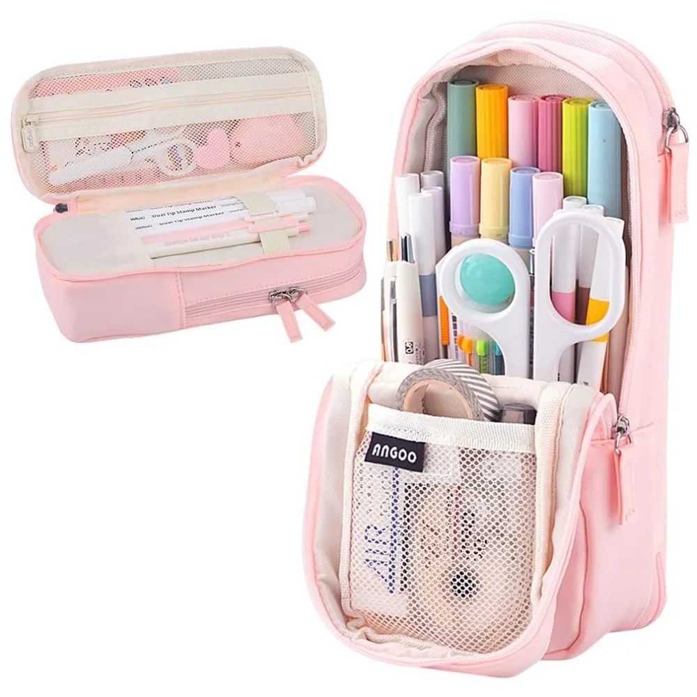 Large-capacity Folding Pencil Case Simple Double-layer Pen Storage Bag Zipper Aesthetic Student Stationary Boxes School/Office