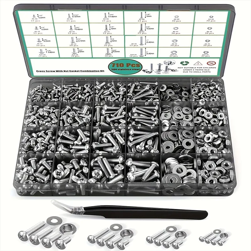 710pcs Stainless Steel Nuts and Bolts Kit with Flat Washers Phillips Pan Head Round Head Machine Screws Hexagonal Nut Screw Set