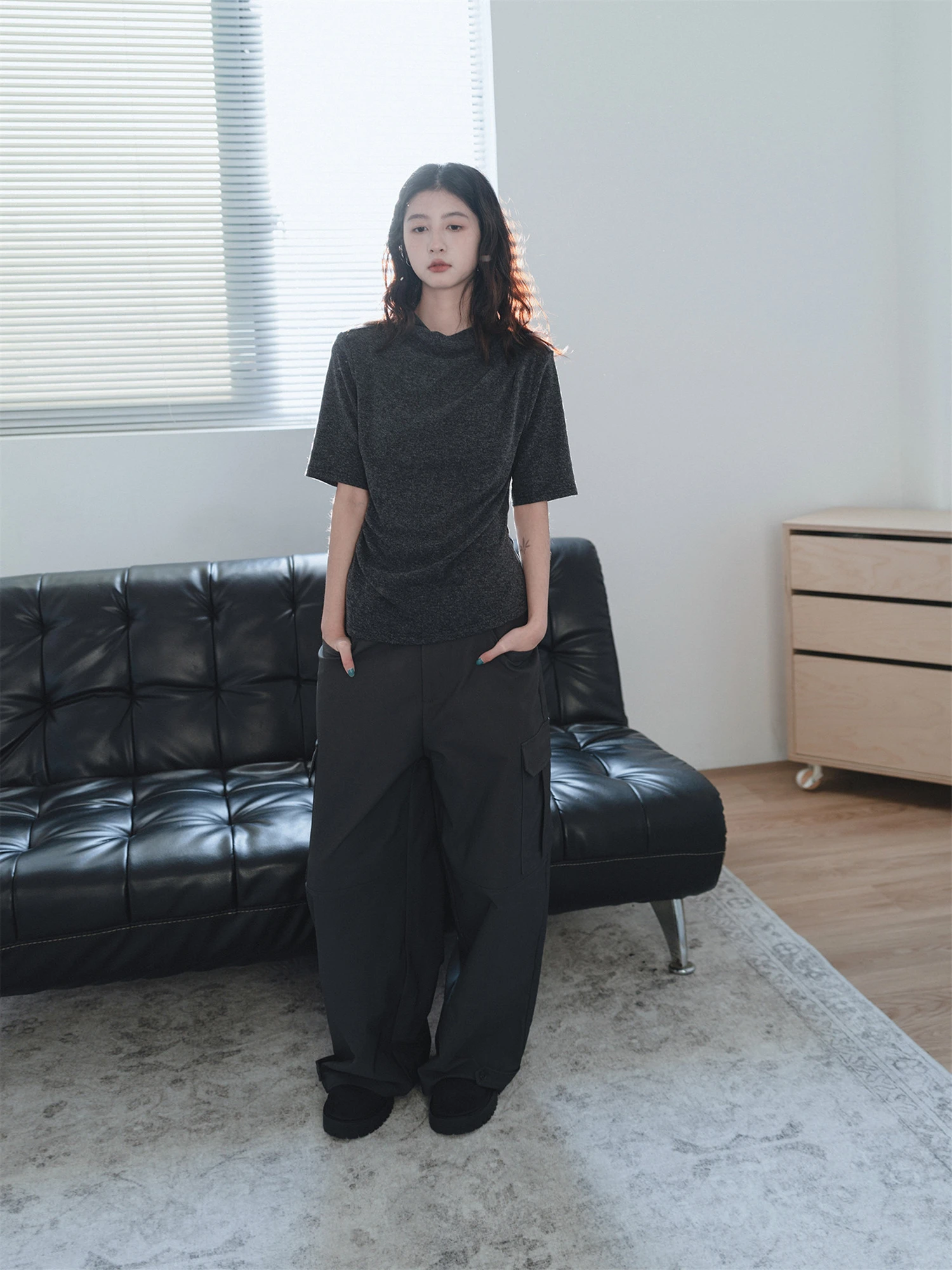 Women Gray Mock Neck Short Sleeve T Shirt Soft Ruched Waist Slim Fit Casual Daily Streetwear Fashion Comfy Ladies Top
