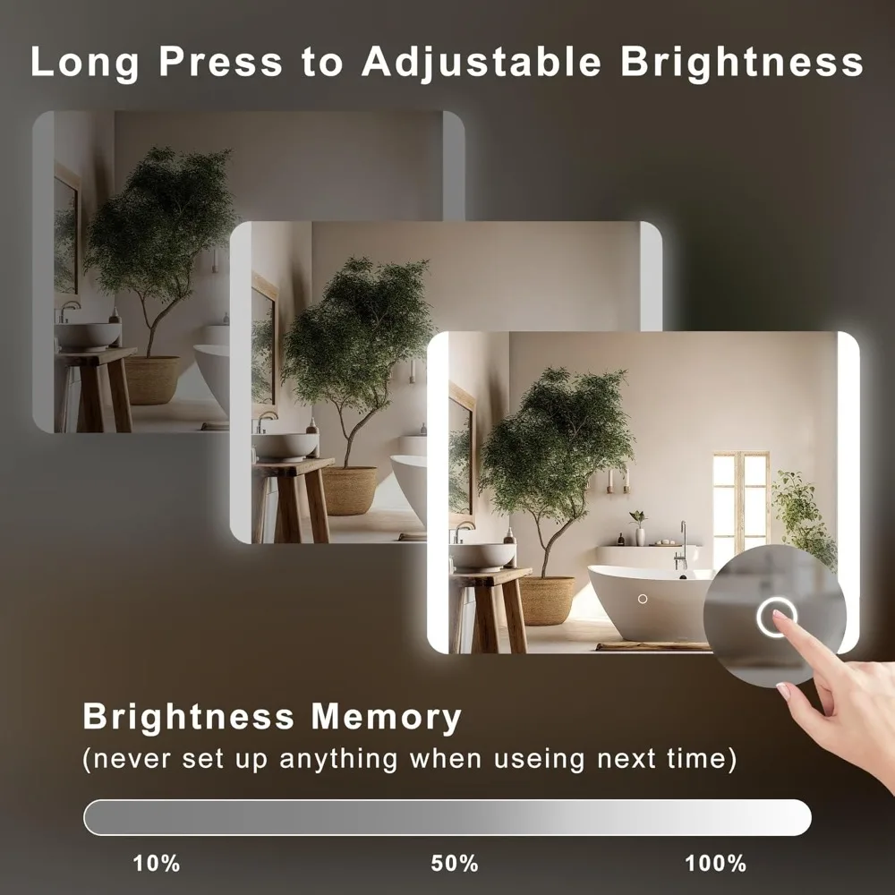 Rectangular Backlit LED Bathroom Mirror with Rounded Corners, Shatter-Resistant, Dimmable Frameless Vanity Mirror