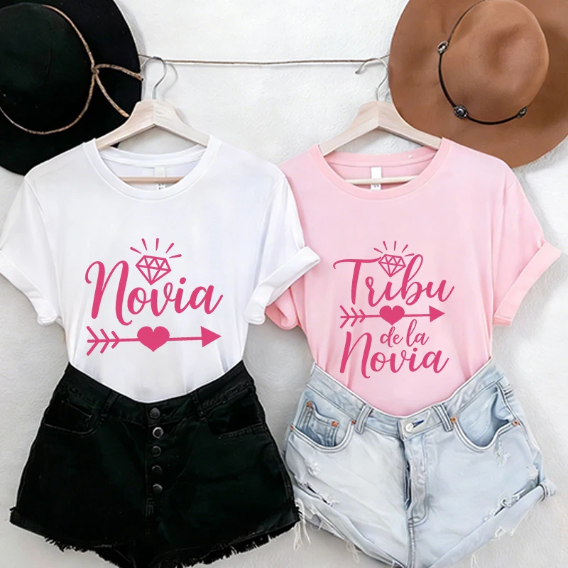 Tribu De La Novia Spanish Single Farewell Bachelorette Party T-shirts Short Sleeve O Neck Tops with Diamond Heart Arrow Graphic