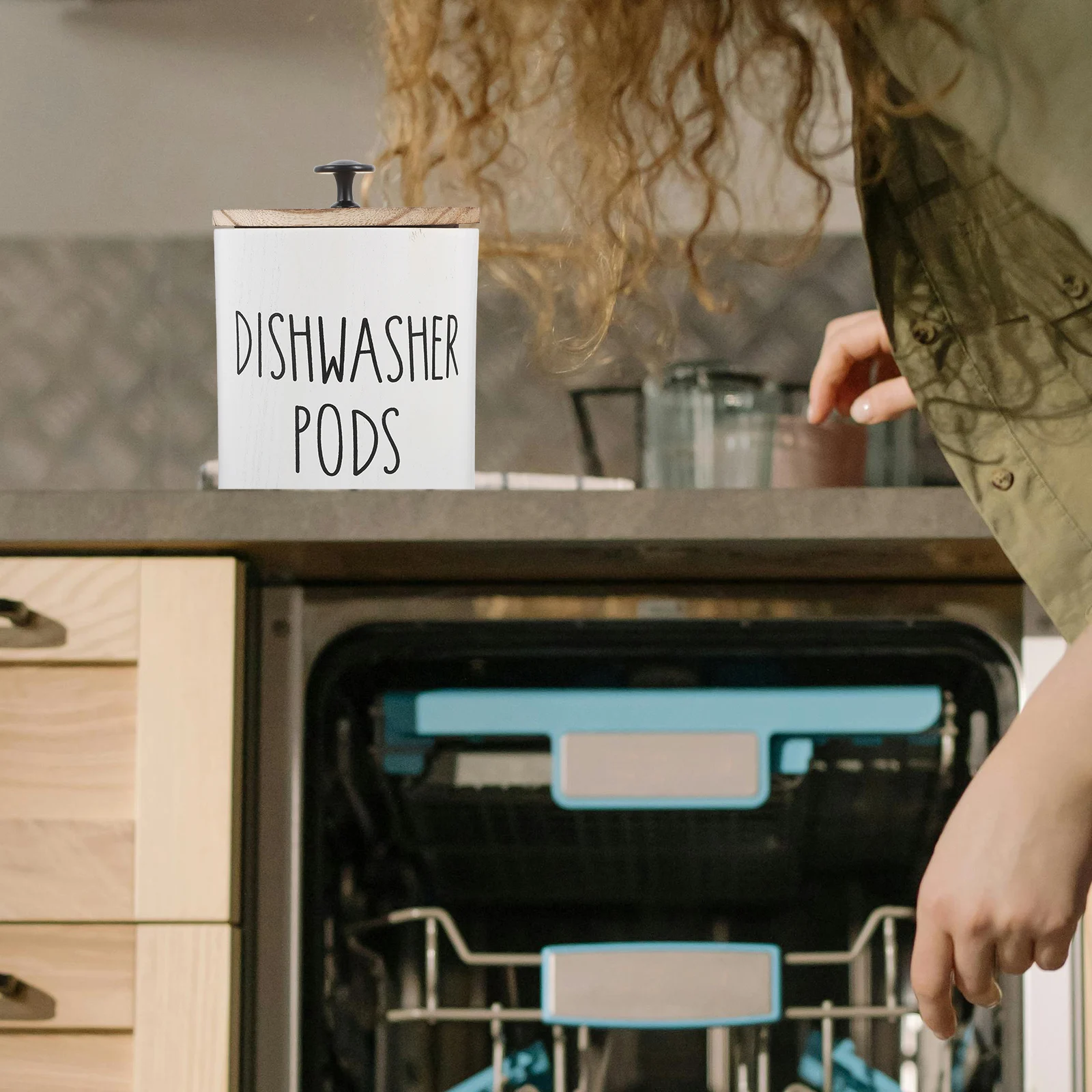 

Wooden Dishwasher Holder Round Laundry Powder Bin Dryer Sheets Container Secure Lid Storage Box Home Organization