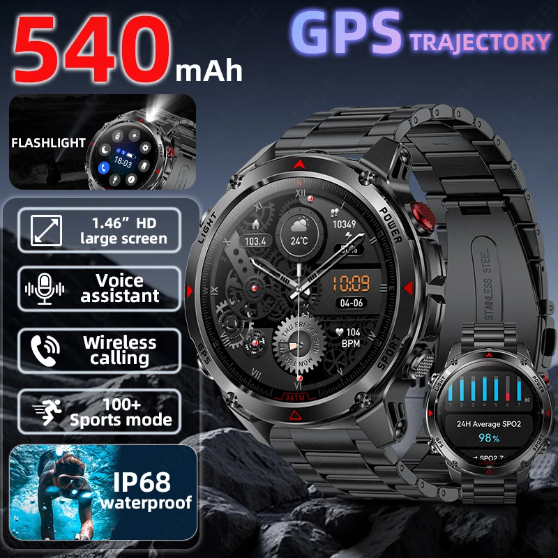 LIGE LED Outdoor Military GPS Smart Watch Men 1.46