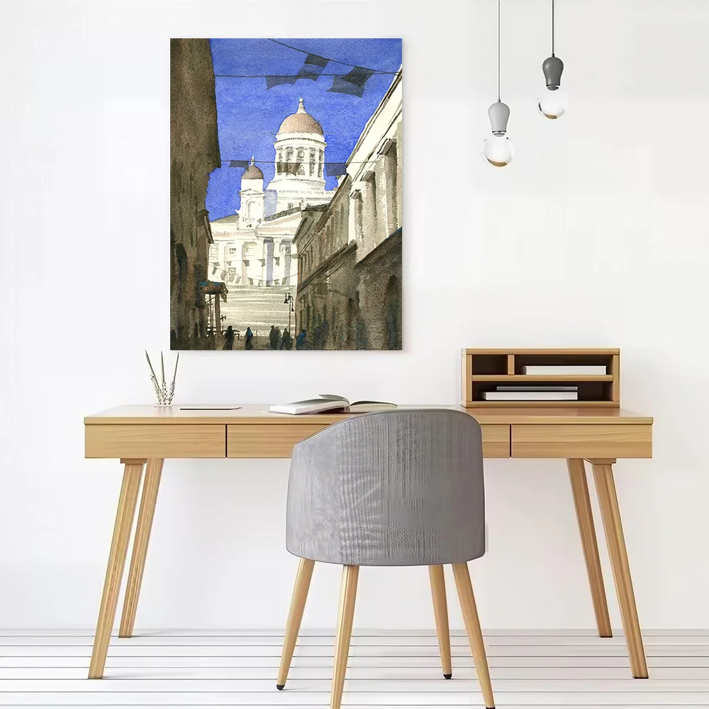Watercolor Painting of Helsinki Cathedral Canvas Poster Wall Art Customizable High Quality Printed Picture for Gamer Decoration