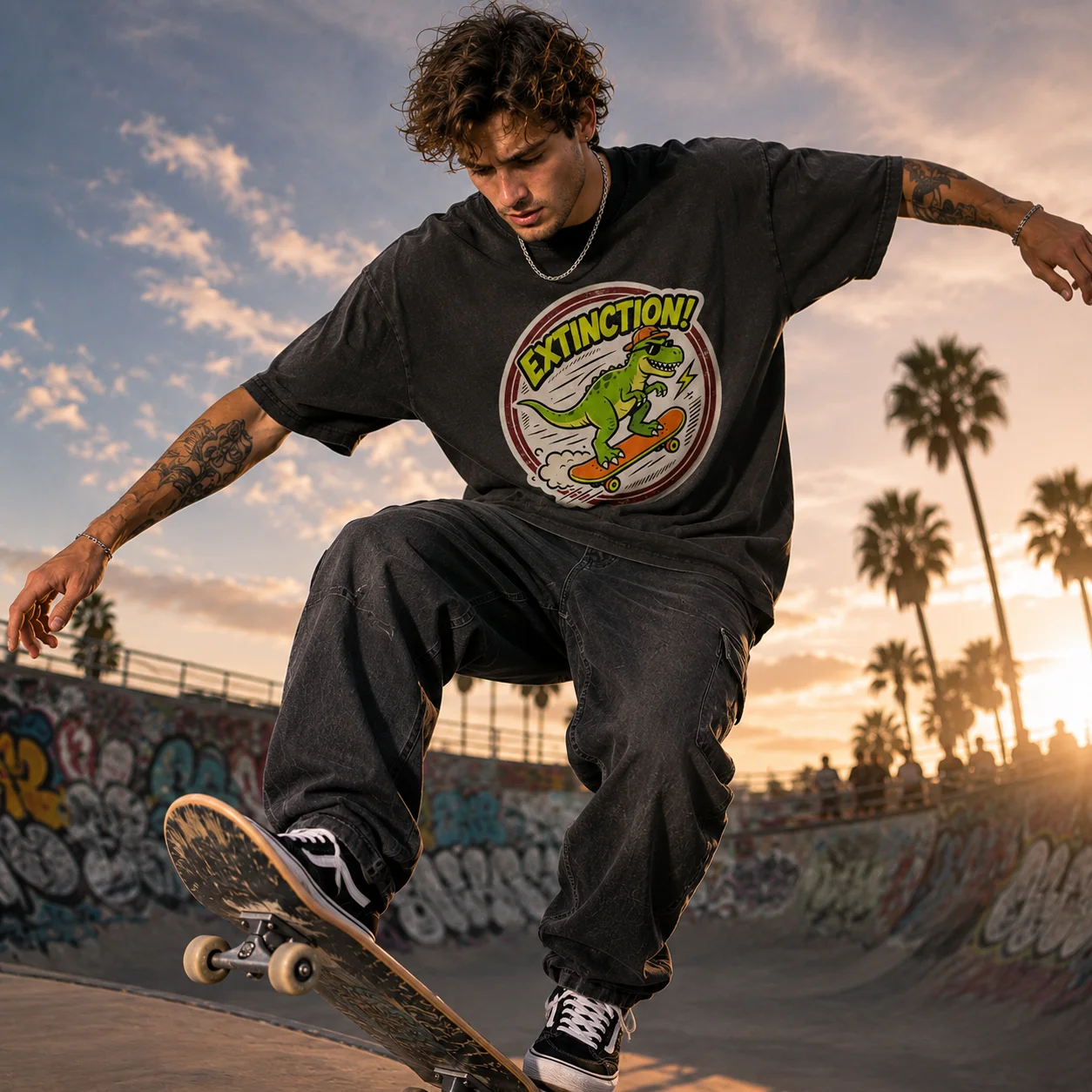 Acid Washed Graphic Tee for Men Women Cool Skateboard Dinosaur Extinction Print Vintage Streetwear Loose Fit Casual Top