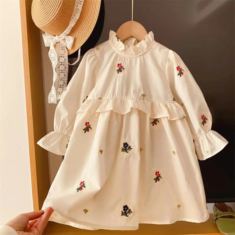 

Spring Dress for Girls with Floral Embroidery, Vintage Chinese Style, Stand Collar, Bell Sleeves, Princess Dress, Long Sleeve Dr
