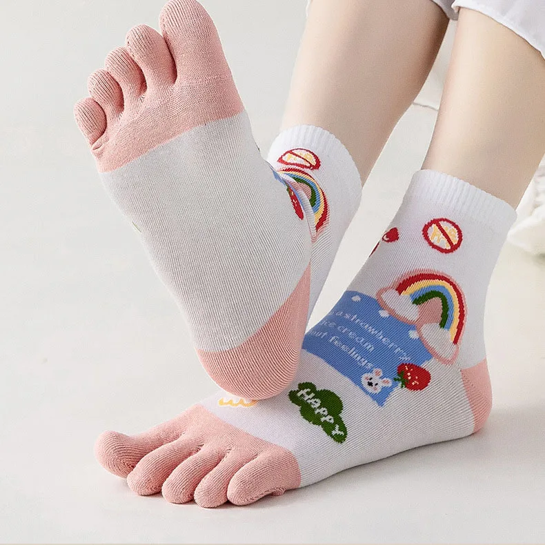 

Toe Socks For Women Spring Summer Cotton Cartoon Bear Five Finger Socks Girl Kawaii Sweat CuteStyle Funny Middle Tube Crew Socks